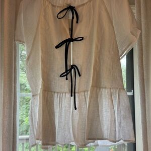 DISSH White Linen Top with Black Tie